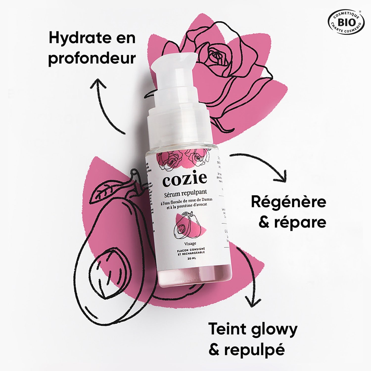 Sérum repulpant à l’eau florale de rose et à la protéine d’avocat