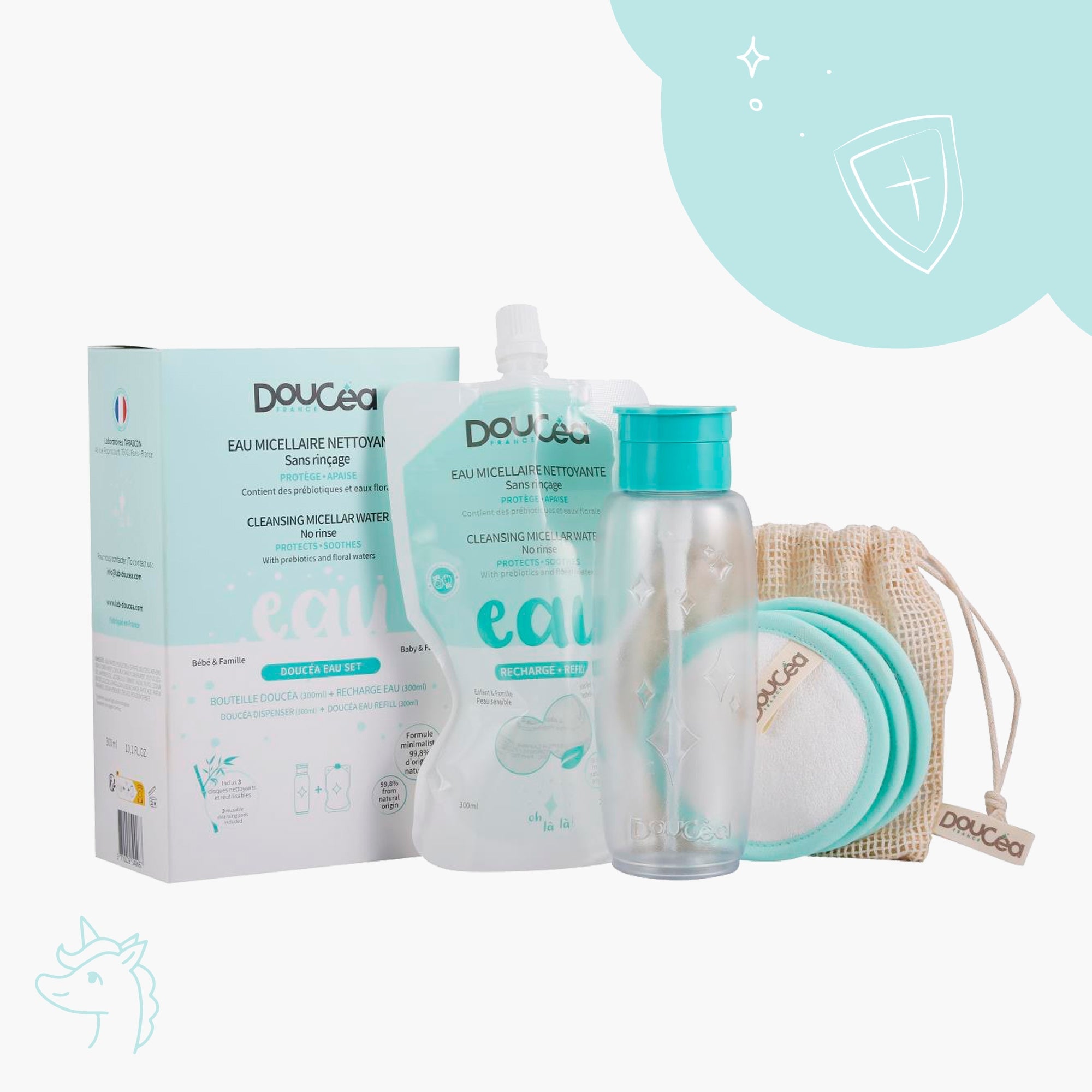 Kit Soin Nettoyant • Set Eau Micellaire (bouteille/coton pad/recharge 300ml)