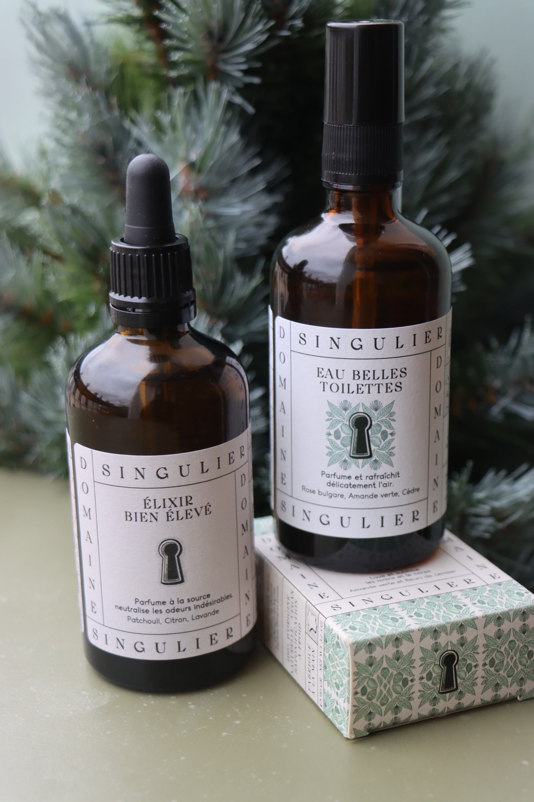 LE NÉCESSAIRE : "EAU BELLES TOILETTES, "ELIXIR BIEN ELEVE", "SAVON DE BELLE FAÇON amande verte"