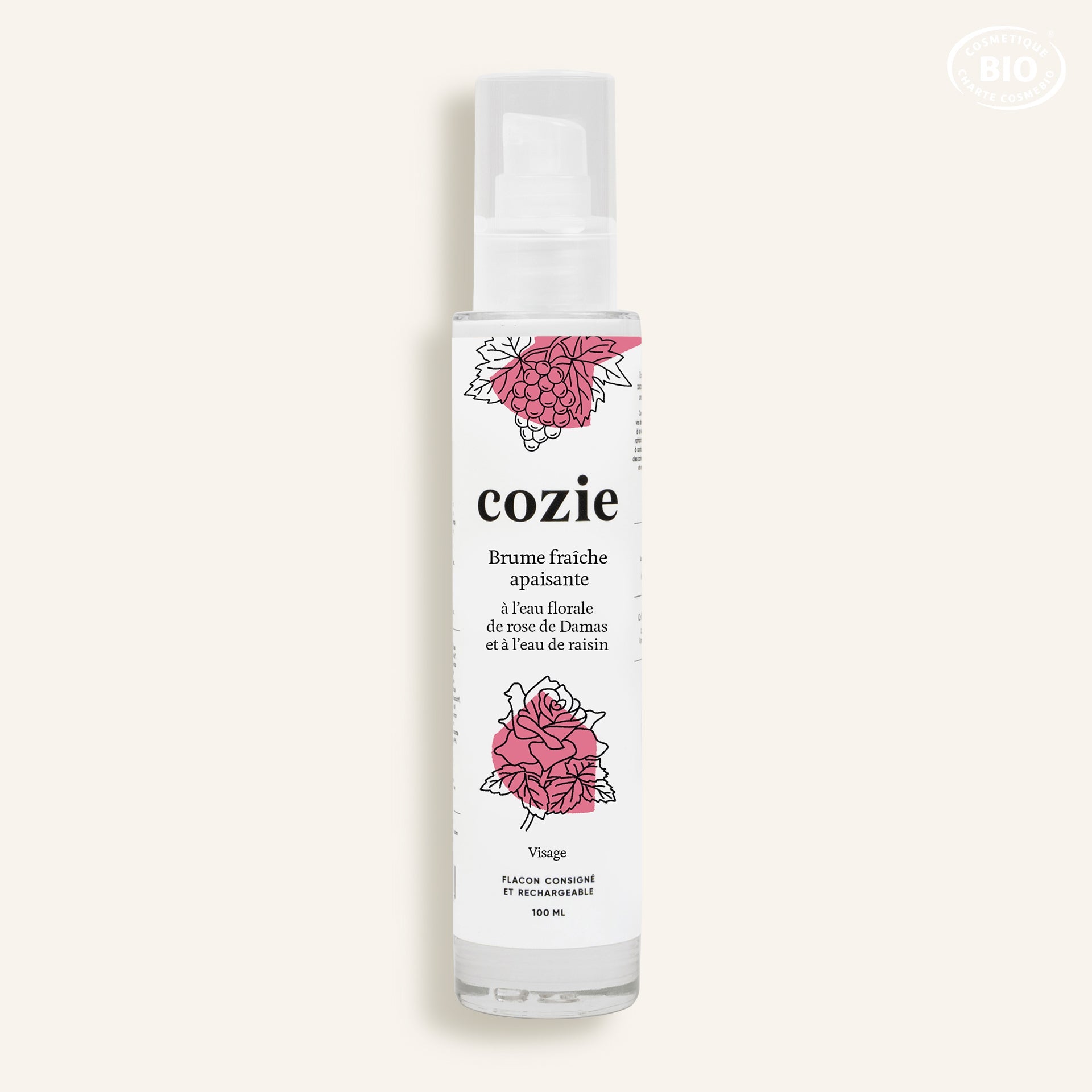 Brume fraîche apaisante à l’eau florale de rose et à l’eau de raisin