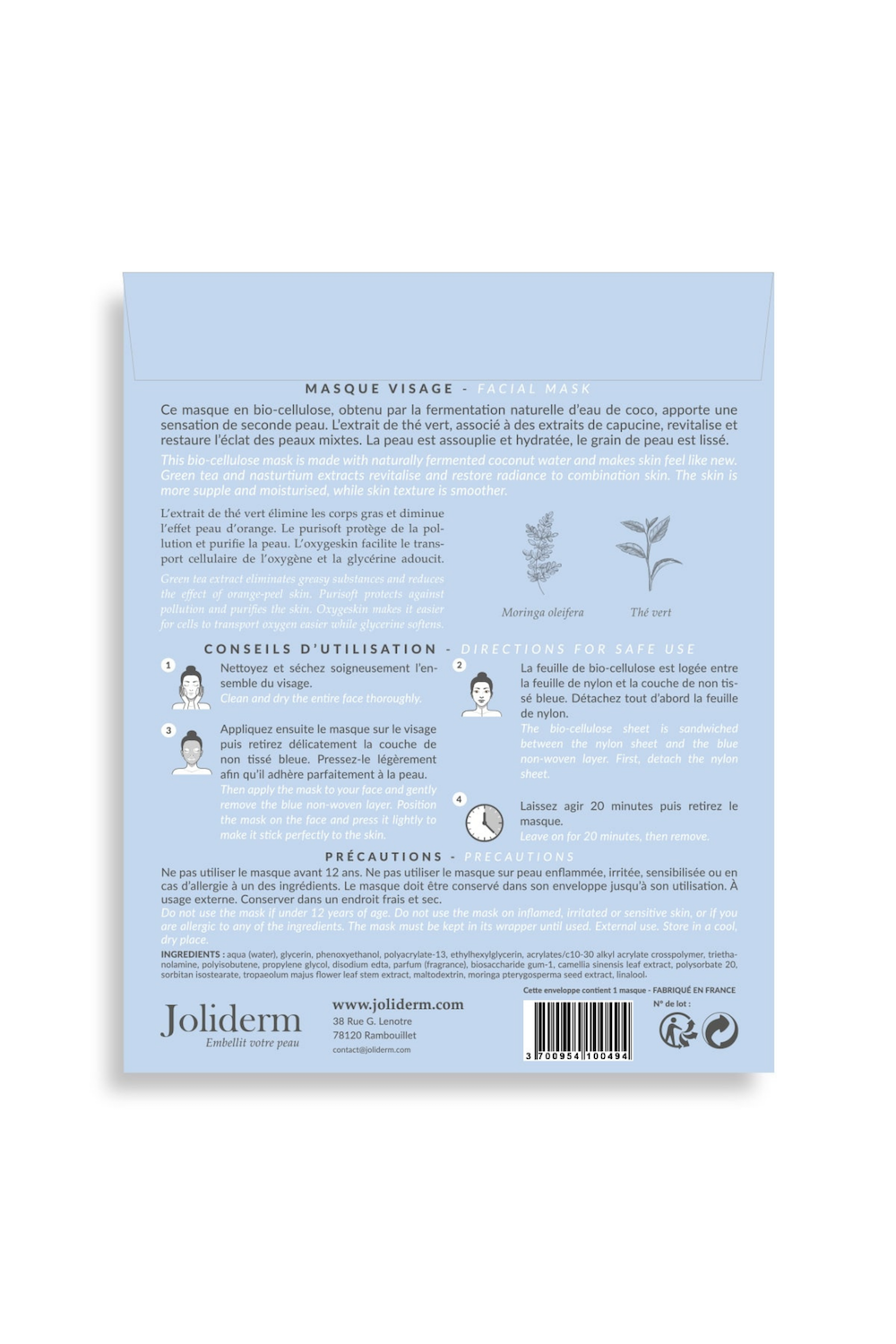 masque tissu visage purifiant oxygénant Joliderm