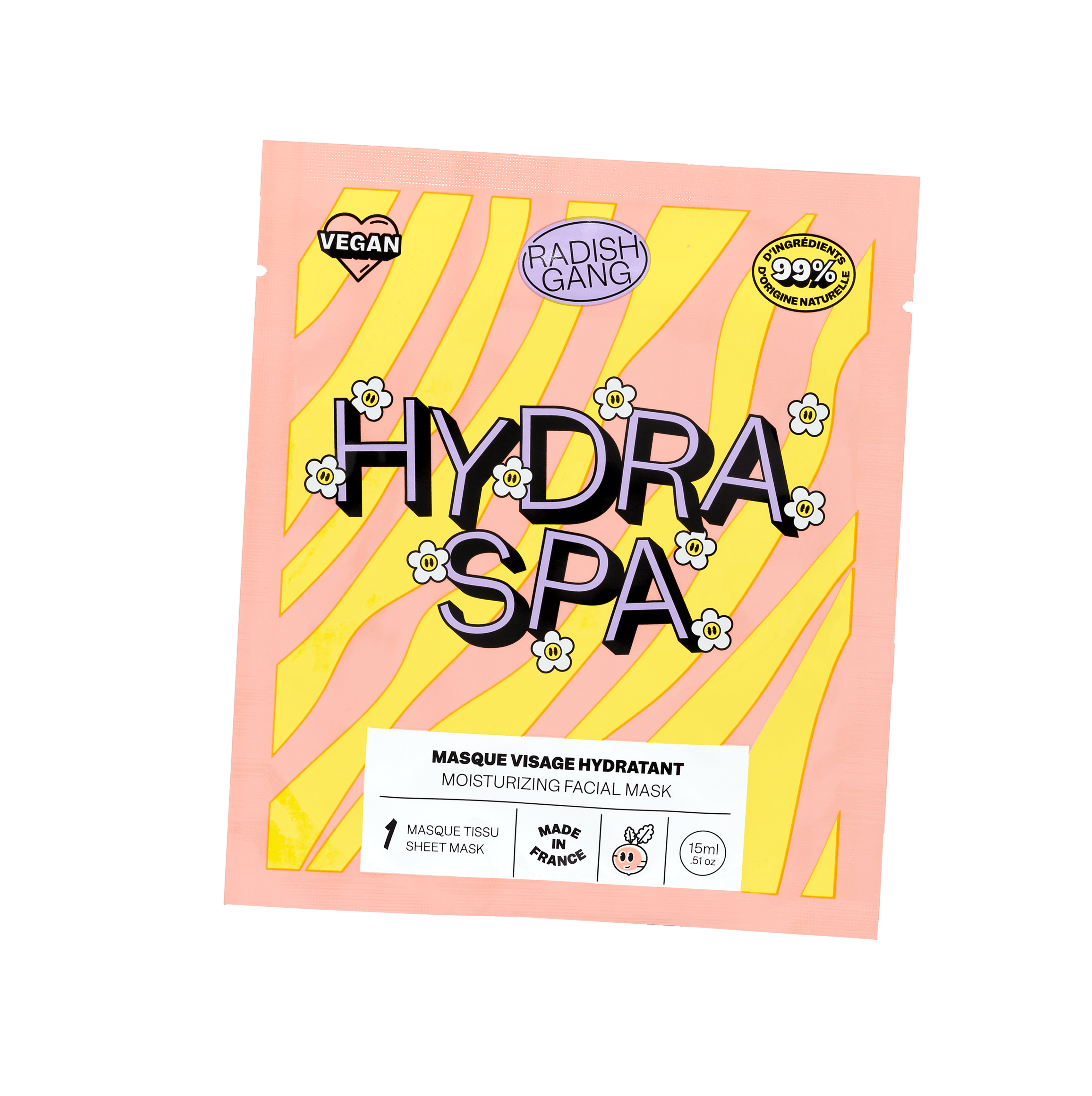 packaging du masque hydra spa tout en couleur avec des motifs zébrés et des petites marguerites