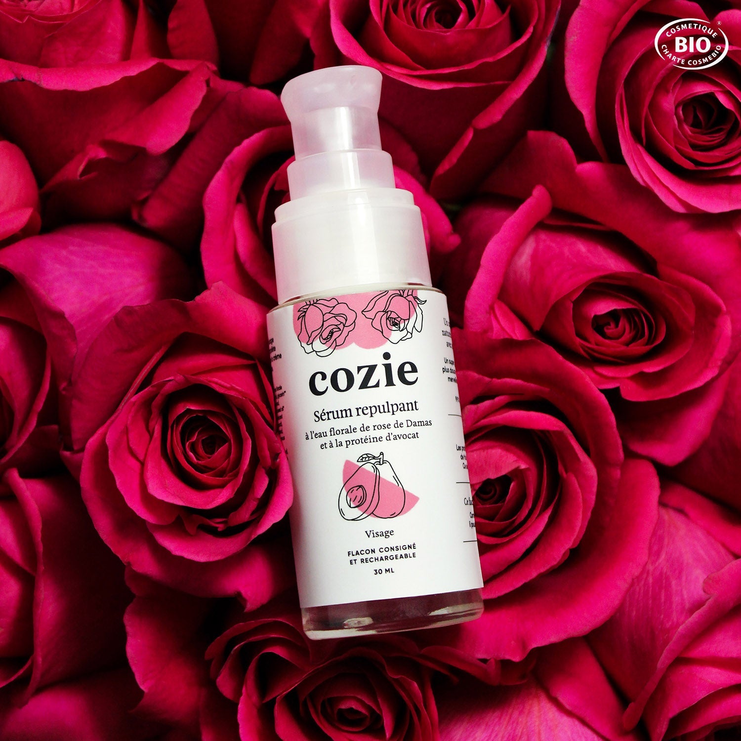 Sérum repulpant à l’eau florale de rose et à la protéine d’avocat