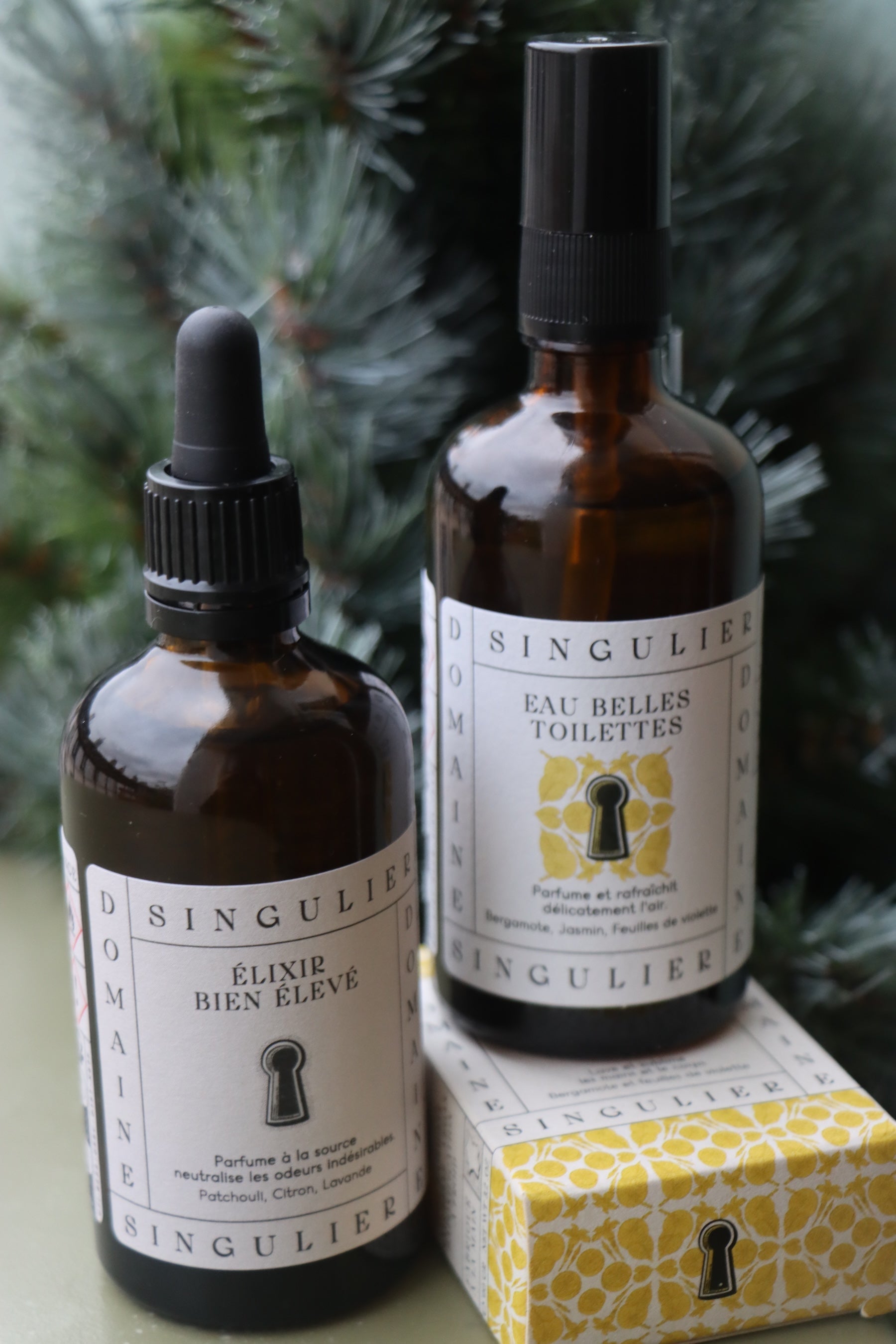 LE NÉCESSAIRE :  "EAU BELLES TOILETTES bergamote, "ELIXIR BIEN ELEVE", "SAVON DE BELLE FAÇON bergamote"