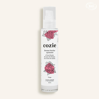 Brume fraîche apaisante à l’eau florale de rose et à l’eau de raisin